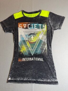 Society Graphic Tee Acid Wash Black Neon Colorblock Shoulder Streetwear T-Shirt